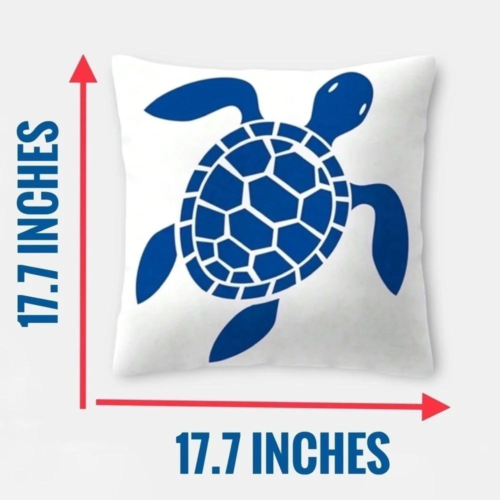 Coastal Pillow Cover Sea Turtle Nautical Graphic Beach 17.75” Square Blue White
